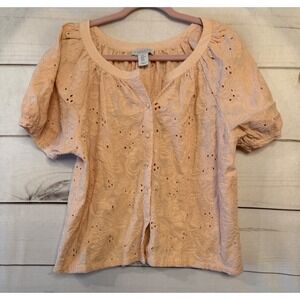 Calypso St Barth Embroidered Eyelet Blouse Peach Cotton Puff Sleeve XL